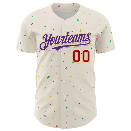 Custom Cream Purple-Red 3D Pattern Design Confetti Authentic Baseball Jersey - Sky-Custom