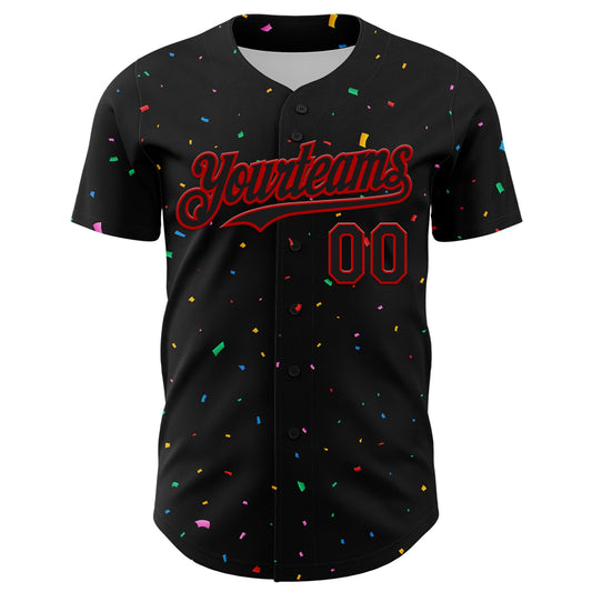 Custom Black Red 3D Pattern Design Confetti Authentic Baseball Jersey - Sky-Custom
