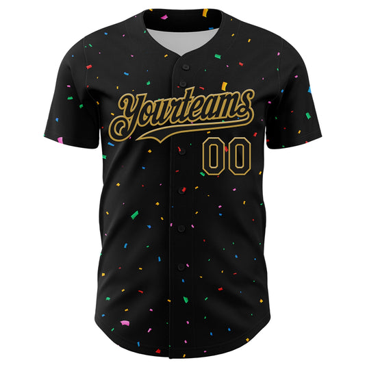Custom Black Old Gold 3D Pattern Design Confetti Authentic Baseball Jersey - Sky-Custom