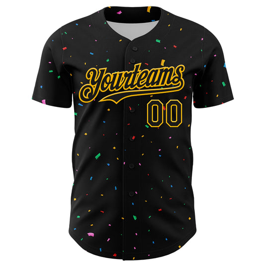 Custom Black Gold 3D Pattern Design Confetti Authentic Baseball Jersey - Sky-Custom