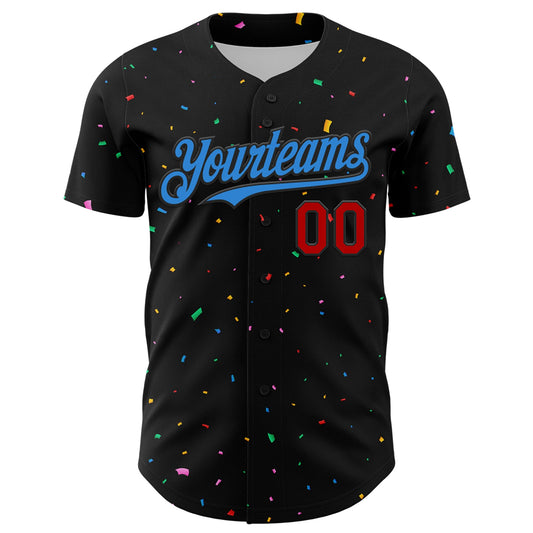Custom Black Electric Blue-Red 3D Pattern Design Confetti Authentic Baseball Jersey - Sky-Custom