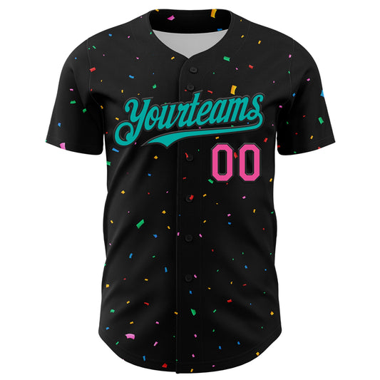 Custom Black Aqua-Pink 3D Pattern Design Confetti Authentic Baseball Jersey - Sky-Custom
