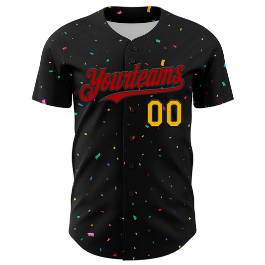 Custom Black Red-Gold 3D Pattern Design Confetti Authentic Baseball Jersey - Sky-Custom