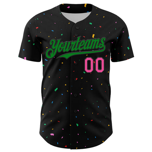 Custom Black Grass Green-Pink 3D Pattern Design Confetti Authentic Baseball Jersey - Sky-Custom