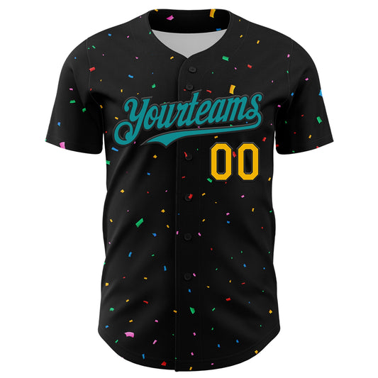 Custom Black Teal-Gold 3D Pattern Design Confetti Authentic Baseball Jersey - Sky-Custom