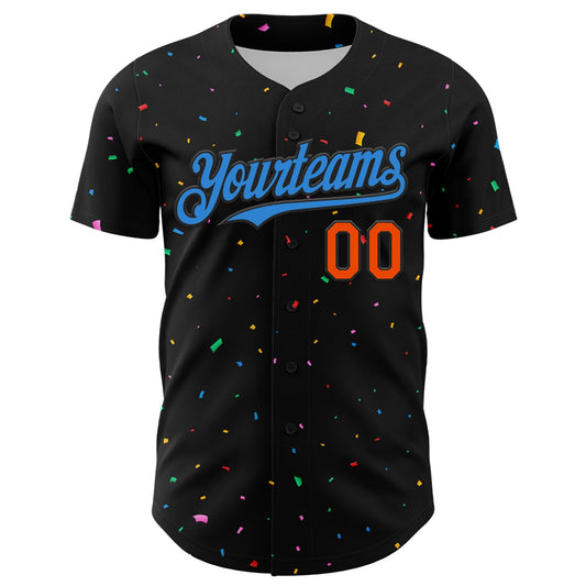 Custom Black Electric Blue-Orange 3D Pattern Design Confetti Authentic Baseball Jersey - Sky-Custom