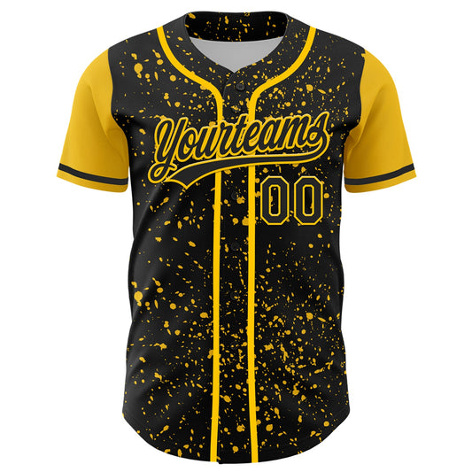 Custom Black Yellow 3D Pattern Design Abstract Splatter Ink Authentic Baseball Jersey - Sky-Custom