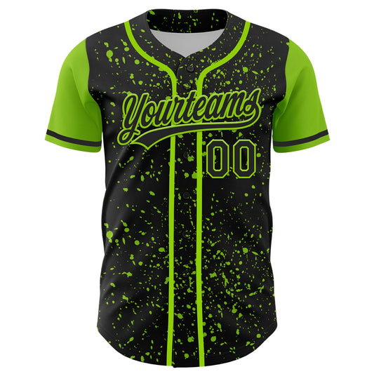 Custom Black Neon Green 3D Pattern Design Abstract Splatter Ink Authentic Baseball Jersey - Sky-Custom