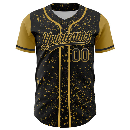 Custom Black Old Gold 3D Pattern Design Abstract Splatter Ink Authentic Baseball Jersey - Sky-Custom