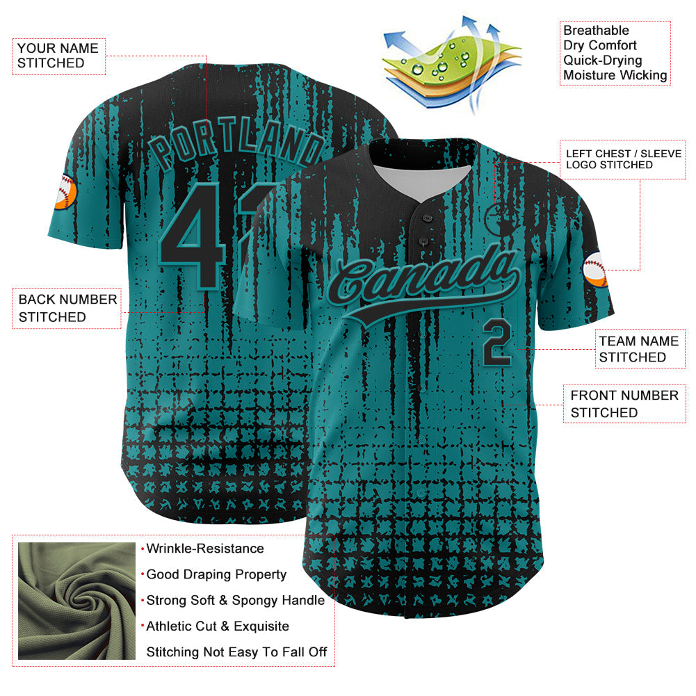 Custom Teal Black 3D Pattern Design Abstract Shape Authentic Baseball Jersey - Sky-Custom