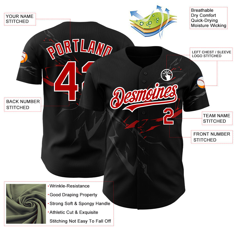 Custom Black Red-White 3D Pattern Design Lightning Authentic Baseball Jersey - Sky-Custom