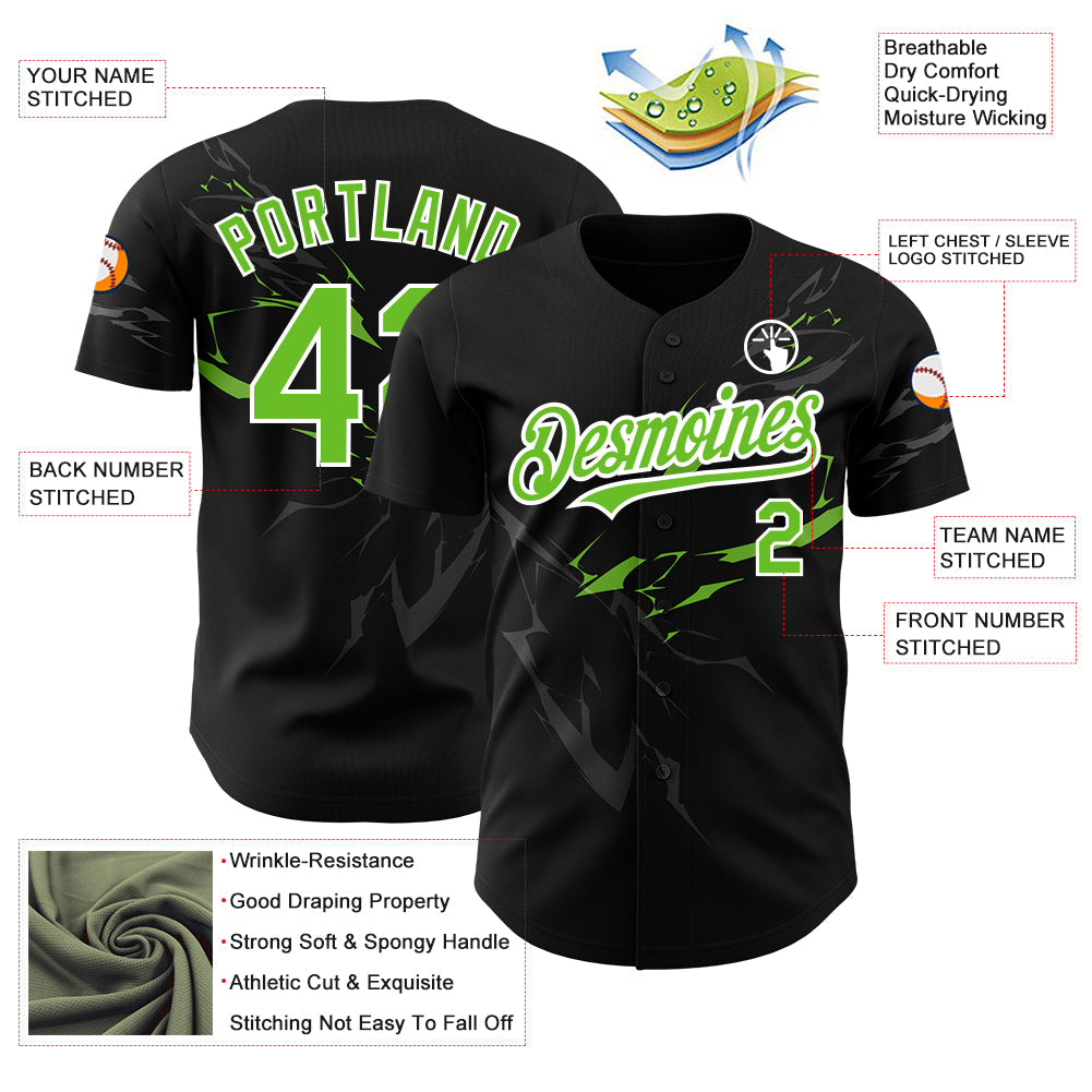 Custom Black Neon Green-White 3D Pattern Design Lightning Authentic Baseball Jersey - Sky-Custom