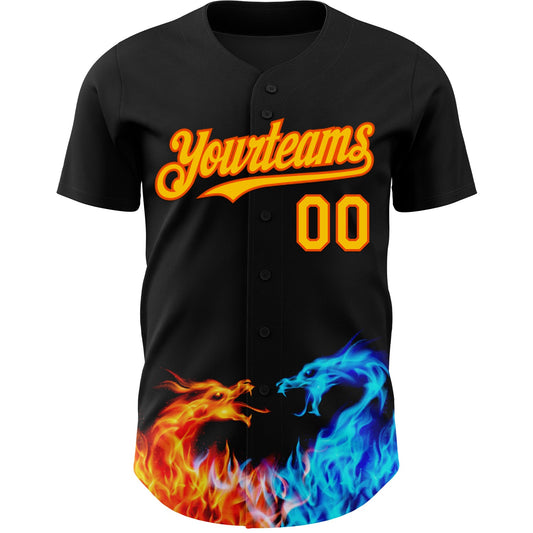 Custom Black Yellow-Orange 3D Pattern Design Fire Dragon Authentic Baseball Jersey - Sky-Custom