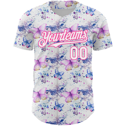 Custom White Pink 3D Pattern Design Animal Butterfly Authentic Baseball Jersey - Sky-Custom