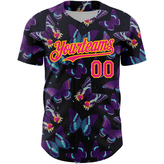 Custom Black Hot Pink-Yellow 3D Pattern Design Animal Butterfly Authentic Baseball Jersey - Sky-Custom
