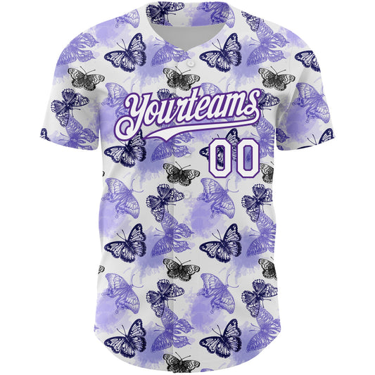 Custom White Purple 3D Pattern Design Animal Butterfly Authentic Baseball Jersey - Sky-Custom