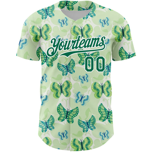 Custom White Kelly Green 3D Pattern Design Animal Butterfly Authentic Baseball Jersey - Sky-Custom