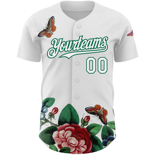 Custom White Kelly Green 3D Pattern Design Animal Butterfly And Flower Authentic Baseball Jersey - Sky-Custom