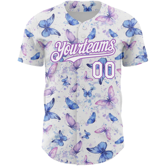 Custom White Medium Purple 3D Pattern Design Animal Butterfly Authentic Baseball Jersey - Sky-Custom