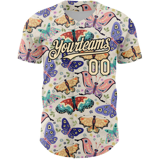 Custom Cream Black 3D Pattern Design Animal Butterfly Authentic Baseball Jersey - Sky-Custom