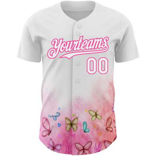 Custom White Pink 3D Pattern Design Animal Butterfly Authentic Baseball Jersey - Sky-Custom