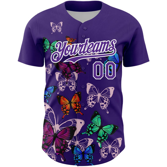 Custom Purple White 3D Pattern Design Animal Butterfly Authentic Baseball Jersey - Sky-Custom