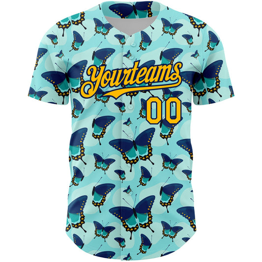 Custom Ice Blue Gold-Navy 3D Pattern Design Animal Butterfly Authentic Baseball Jersey - Sky-Custom