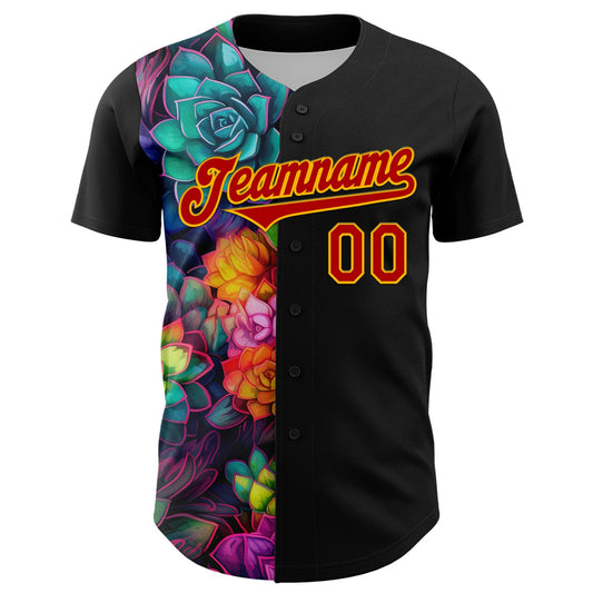 Custom Black Red-Gold 3D Pattern Design Rave Flower Authentic Baseball Jersey - Sky-Custom