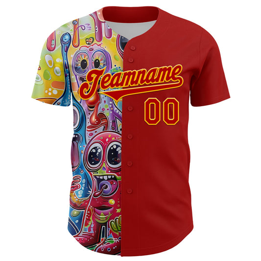 Custom Red Gold 3D Pattern Design Rave Funny Monster Authentic Baseball Jersey - Sky-Custom