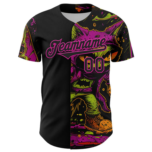 Custom Black Deep Pink 3D Pattern Design Rave Monster Authentic Baseball Jersey - Sky-Custom
