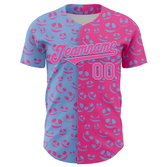 Custom Pink Light Blue 3D Pattern Design Rave Halloween Pumpkin Authentic Baseball Jersey - Sky-Custom