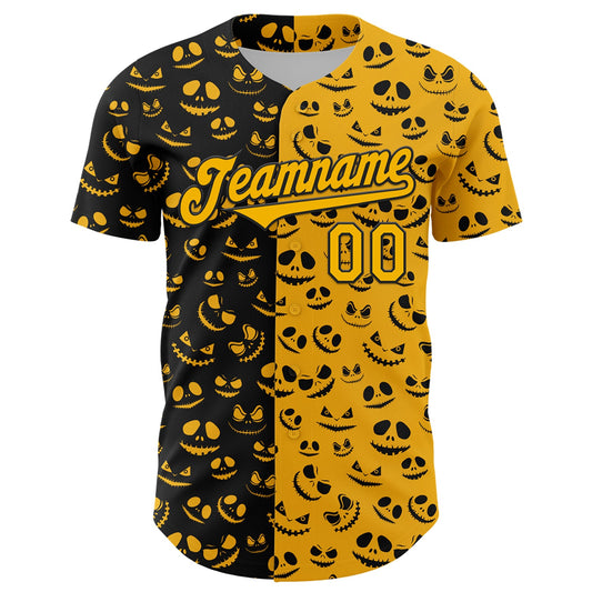 Custom Gold Black 3D Pattern Design Rave Halloween Pumpkin Authentic Baseball Jersey - Sky-Custom