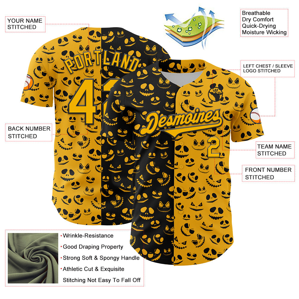 Custom Gold Black 3D Pattern Design Rave Halloween Pumpkin Authentic Baseball Jersey - Sky-Custom