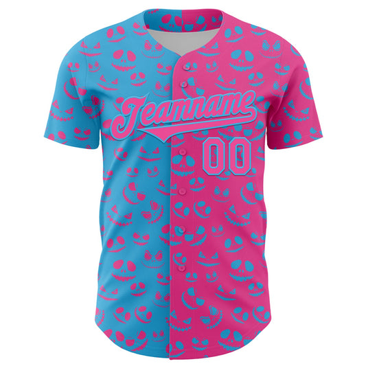 Custom Pink Sky Blue 3D Pattern Design Rave Halloween Pumpkin Authentic Baseball Jersey - Sky-Custom