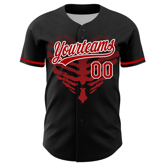 Custom Black Red-White 3D Pattern Design Gothic Style Devil Heart Authentic Baseball Jersey - Sky-Custom