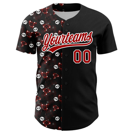 Custom Black Red-White 3D Gothic Style Skull Authentic Baseball Jersey - Sky-Custom