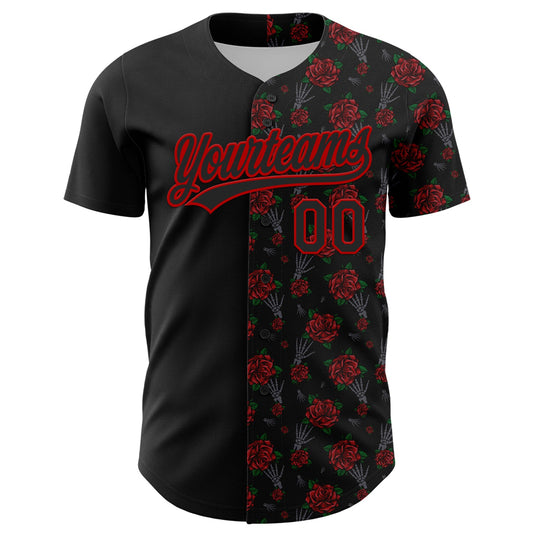 Custom Black Red 3D Pattern Design Gothic Style Rose Authentic Baseball Jersey - Sky-Custom