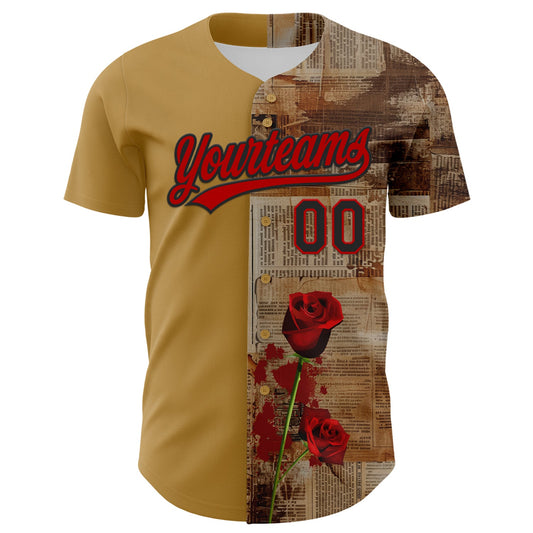 Custom Old Gold Red-Black 3D Pattern Design Gothic Style Rose Authentic Baseball Jersey - Sky-Custom