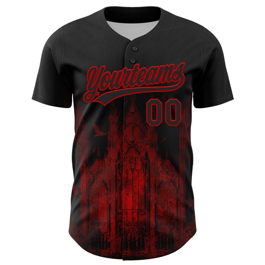 Custom Black Red 3D Pattern Design Palace Gothic Style Church Authentic Baseball Jersey - Sky-Custom