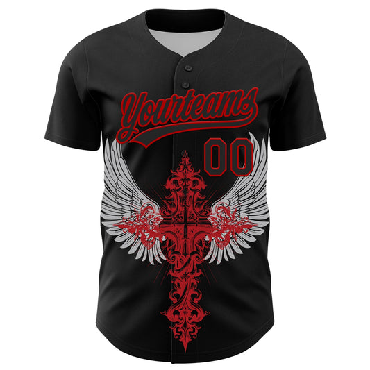 Custom Black Red 3D Pattern Design Gothic Style Cross With Wings Authentic Baseball Jersey - Sky-Custom