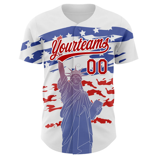 Custom White Red 3D American Flag And Statue of Liberty Authentic Baseball Jersey - Sky-Custom