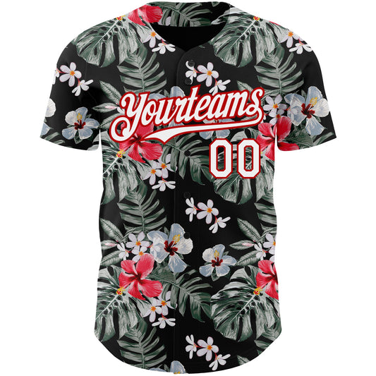 Custom Black White-Red 3D Pattern Design Tropical Hawaii Plant Authentic Baseball Jersey - Sky-Custom