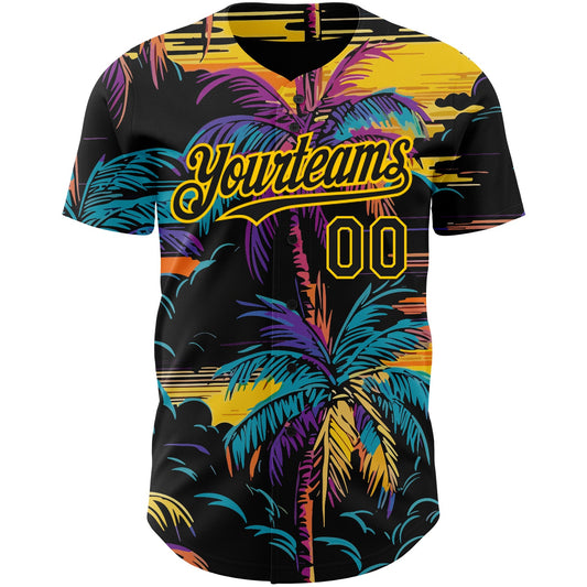 Custom Black Yellow 3D Pattern Design Tropical Hawaii Palms Trees Authentic Baseball Jersey - Sky-Custom
