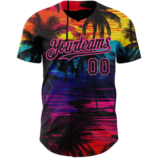 Custom Black Pink 3D Pattern Design Tropical Hawaii Palms Trees Authentic Baseball Jersey - Sky-Custom