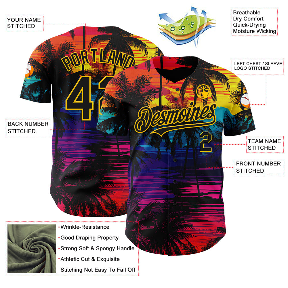 Custom Black Pink 3D Pattern Design Tropical Hawaii Palms Trees Authentic Baseball Jersey - Sky-Custom