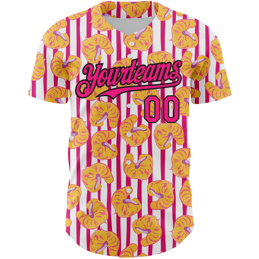 Custom White Hot Pink-Black 3D Pattern Design Tropical Anthurium Flower Authentic Baseball Jersey - Sky-Custom