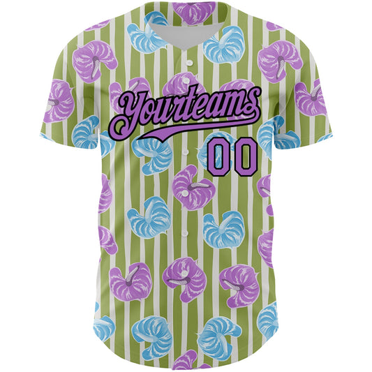 Custom Olive Medium Purple-Black 3D Pattern Design Tropical Anthurium Flower Authentic Baseball Jersey - Sky-Custom