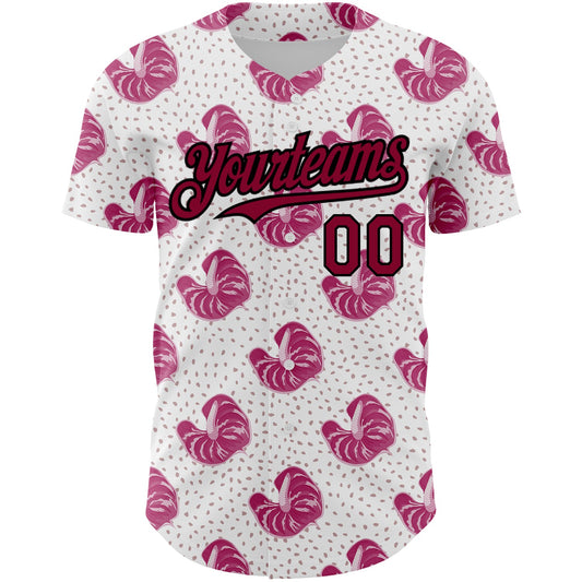 Custom White Maroon-Black 3D Pattern Design Tropical Anthurium Flower Authentic Baseball Jersey - Sky-Custom