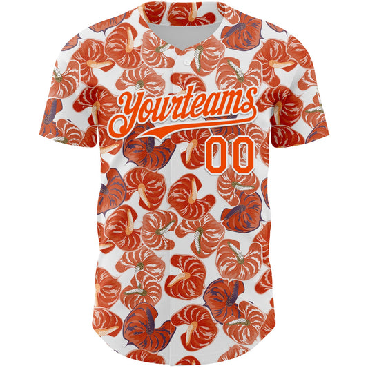 Custom White Orange 3D Pattern Design Tropical Anthurium Flower Authentic Baseball Jersey - Sky-Custom