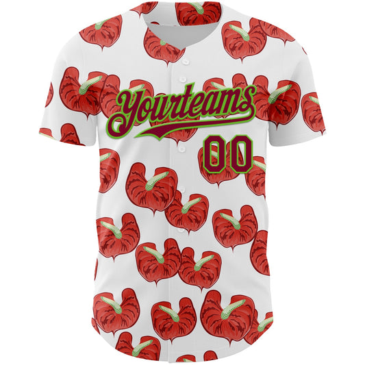 Custom White Maroon-Aurora Green 3D Pattern Design Tropical Anthurium Flower Authentic Baseball Jersey - Sky-Custom
